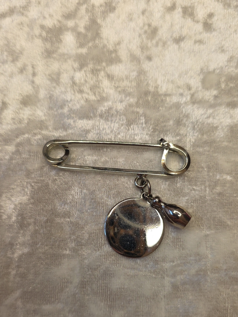 Silver-Tone Safety Pin Bowling Brooch w Disc & Charm